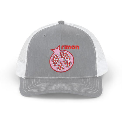 gray trucker cap with pomegranate