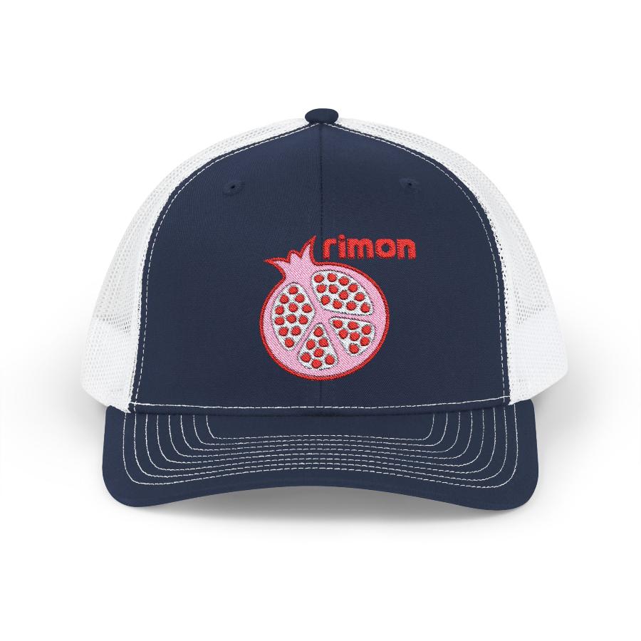 navy trucker cap with pomegranate