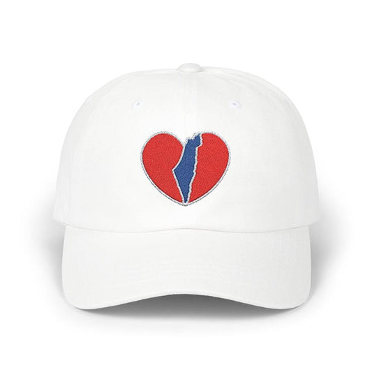 white baseball cap with heart and silhouette of israel