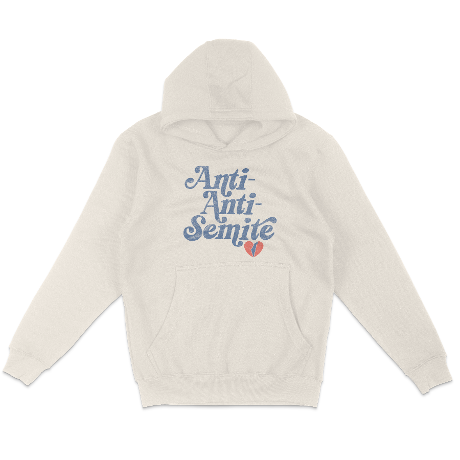 beige hoodie that reads anti-anti-semite