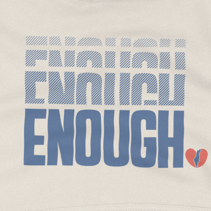 enough in blue block letters on beige background