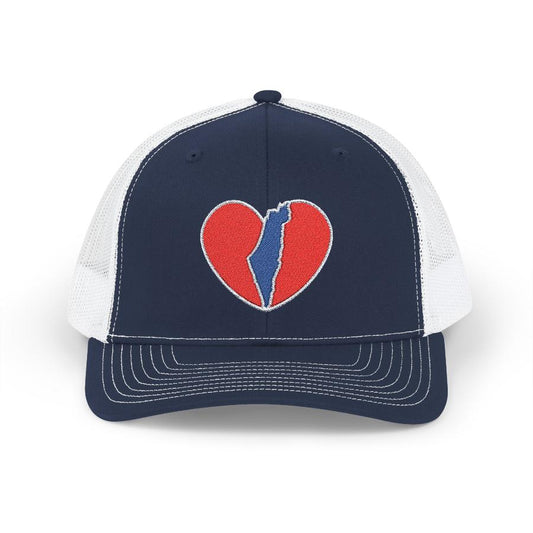 navy trucker cap with embroidered heart and silhouette of israel