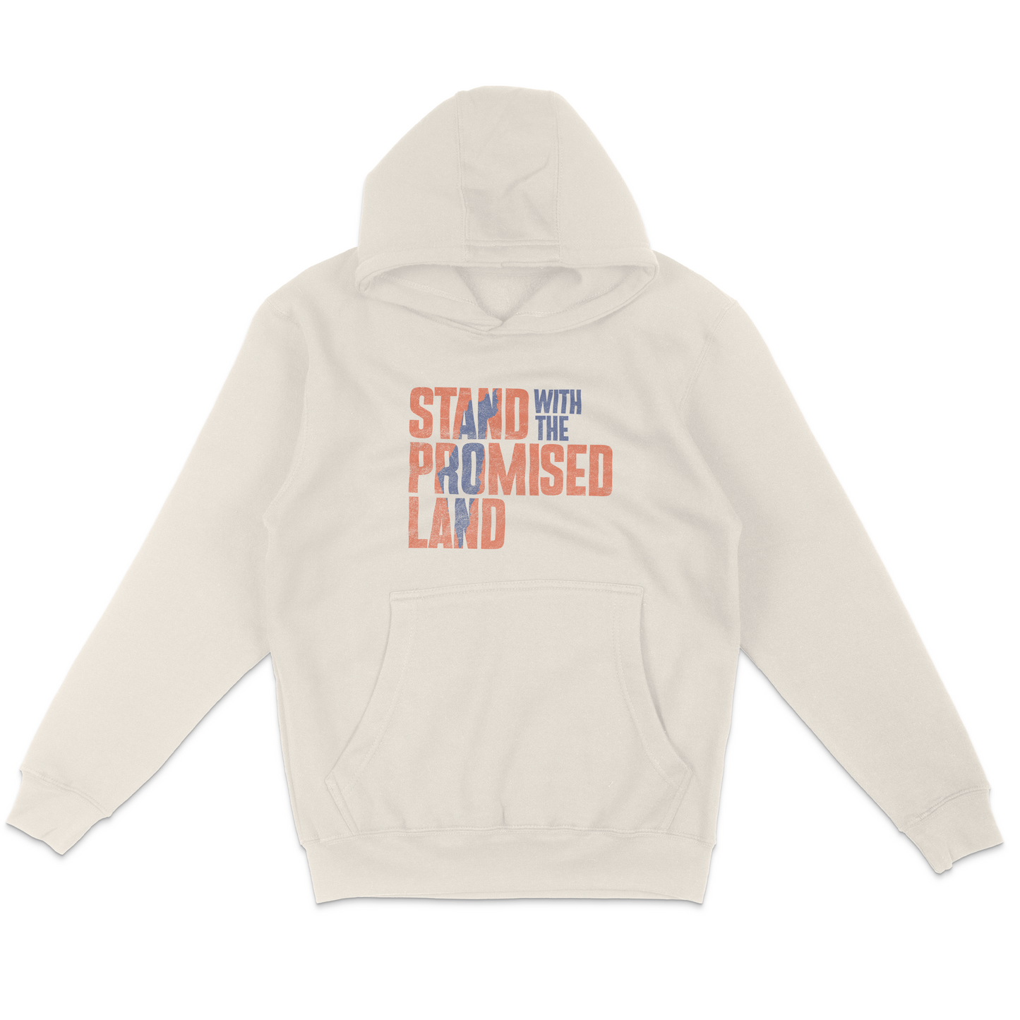 beige hoodie with stand with the promised land in red block letters